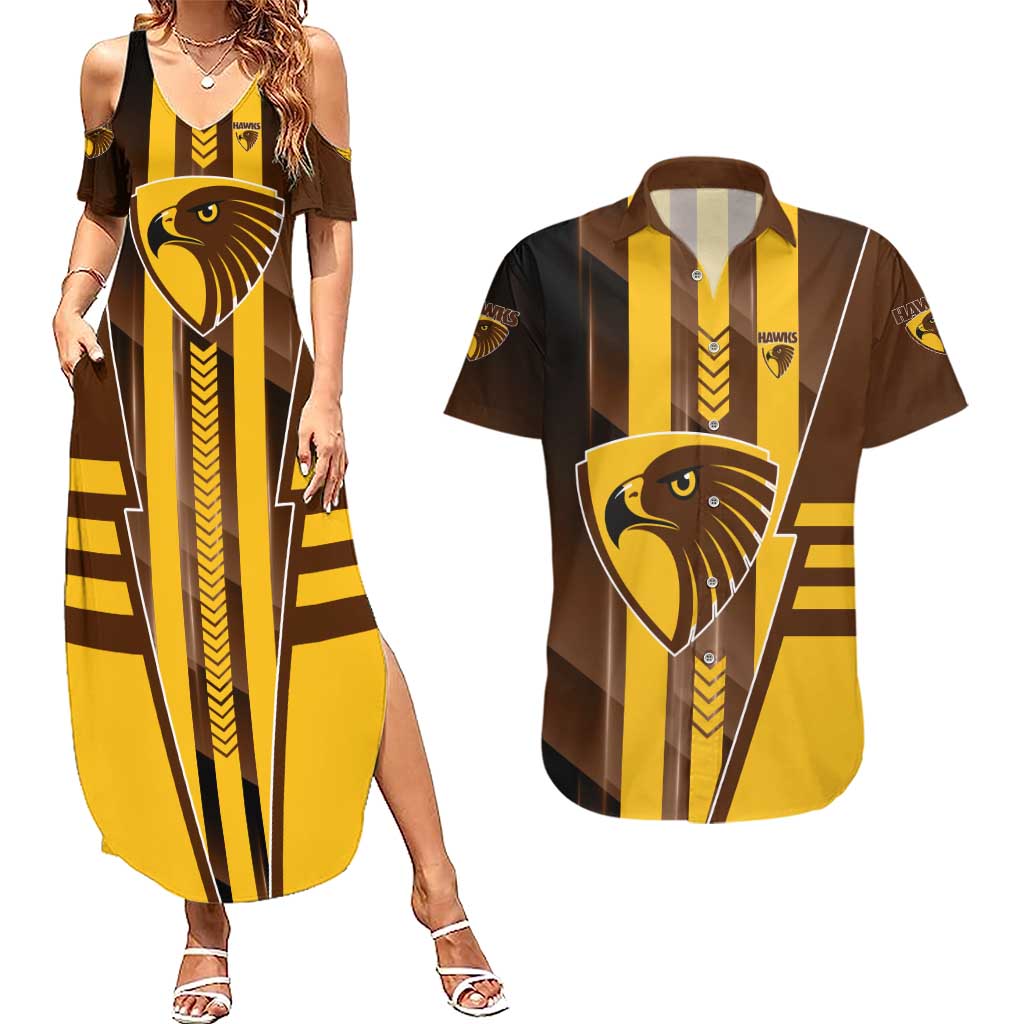 Personalized Hawthorn Hawks Couples Matching Summer Maxi Dress and Hawaiian Shirt Modern Geometric Sports Graphic Style