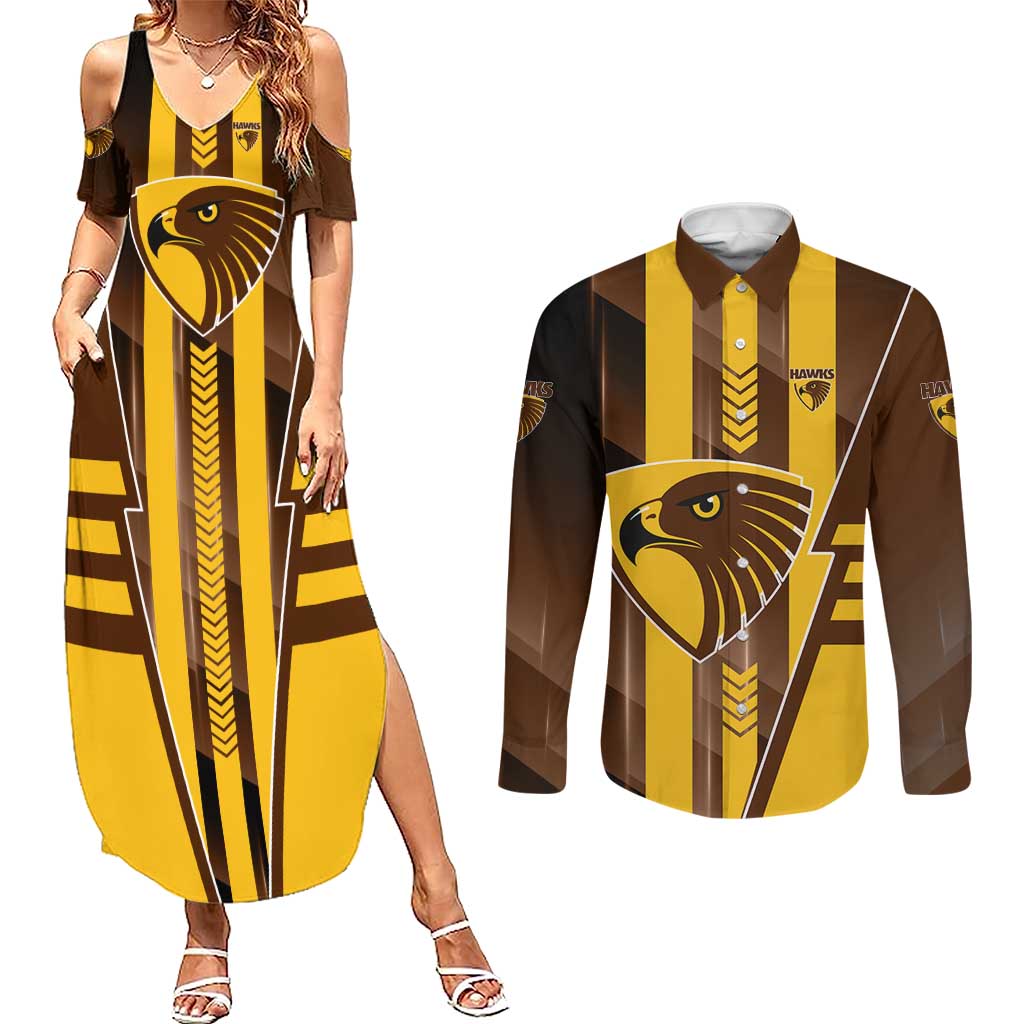 Personalized Hawthorn Hawks Couples Matching Summer Maxi Dress and Long Sleeve Button Shirt Modern Geometric Sports Graphic Style