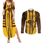 Personalized Hawthorn Hawks Couples Matching Summer Maxi Dress and Long Sleeve Button Shirt Modern Geometric Sports Graphic Style