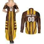 Personalized Hawthorn Hawks Couples Matching Summer Maxi Dress and Long Sleeve Button Shirt Modern Geometric Sports Graphic Style