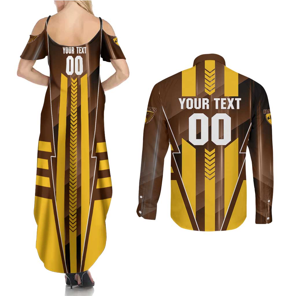Personalized Hawthorn Hawks Couples Matching Summer Maxi Dress and Long Sleeve Button Shirt Modern Geometric Sports Graphic Style