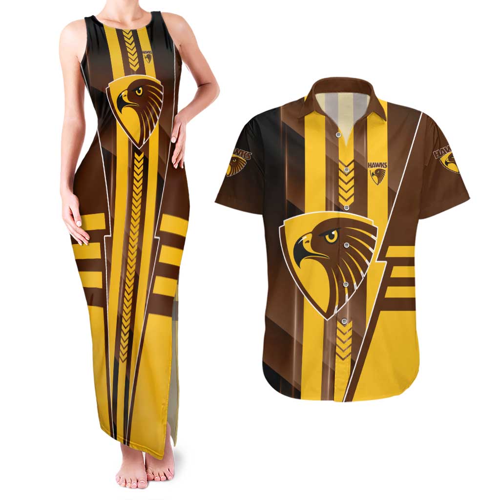 Personalized Hawthorn Hawks Couples Matching Tank Maxi Dress and Hawaiian Shirt Modern Geometric Sports Graphic Style