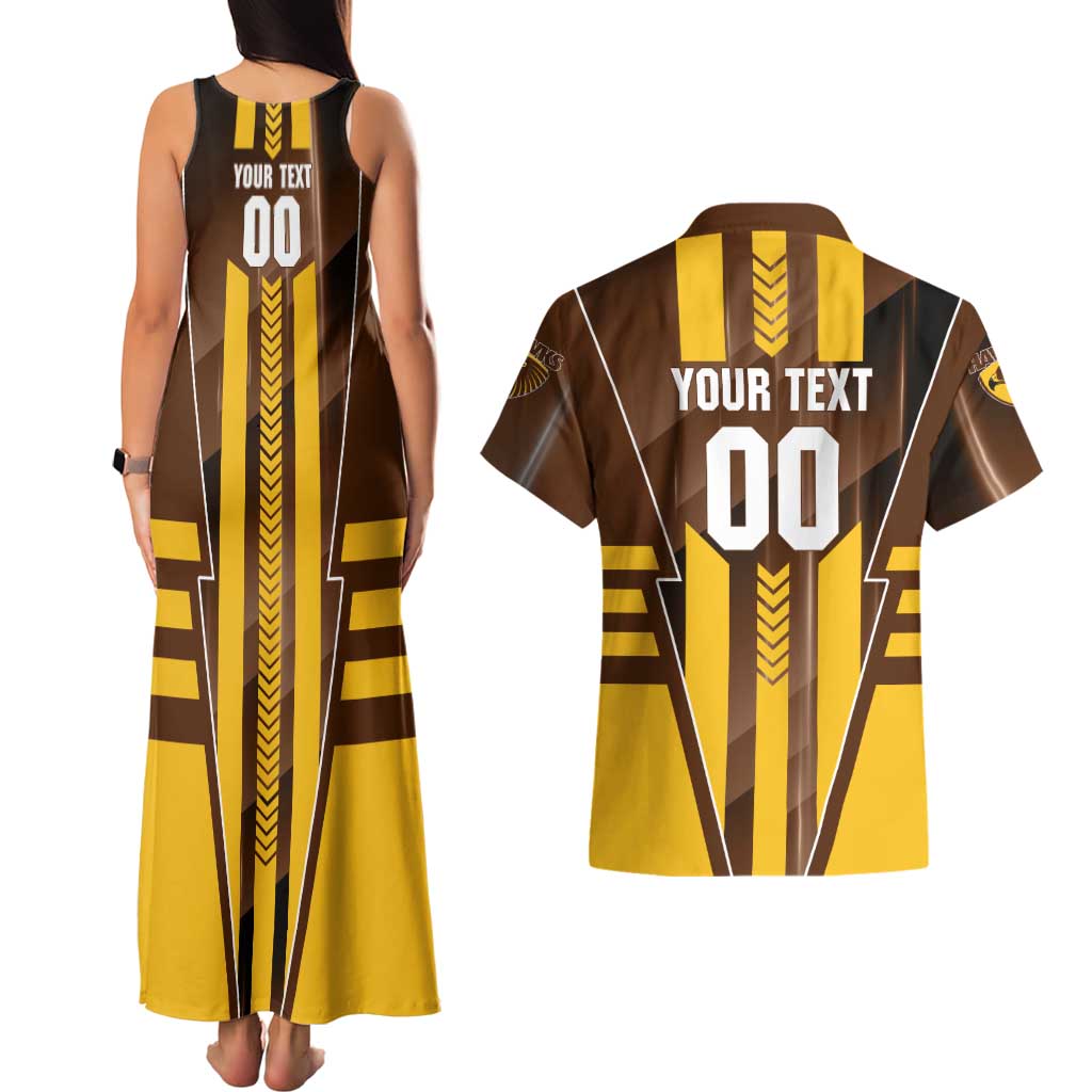 Personalized Hawthorn Hawks Couples Matching Tank Maxi Dress and Hawaiian Shirt Modern Geometric Sports Graphic Style