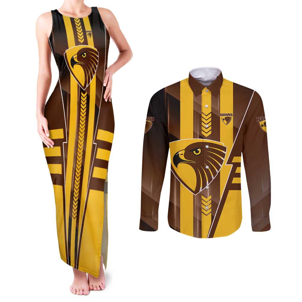 Personalized Hawthorn Hawks Couples Matching Tank Maxi Dress and Long Sleeve Button Shirt Modern Geometric Sports Graphic Style