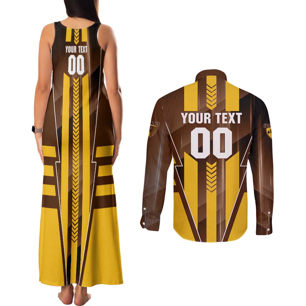 Personalized Hawthorn Hawks Couples Matching Tank Maxi Dress and Long Sleeve Button Shirt Modern Geometric Sports Graphic Style