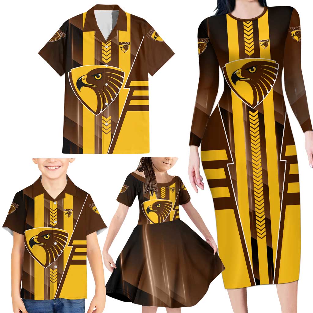 Personalized Hawthorn Hawks Family Matching Long Sleeve Bodycon Dress and Hawaiian Shirt Modern Geometric Sports Graphic Style