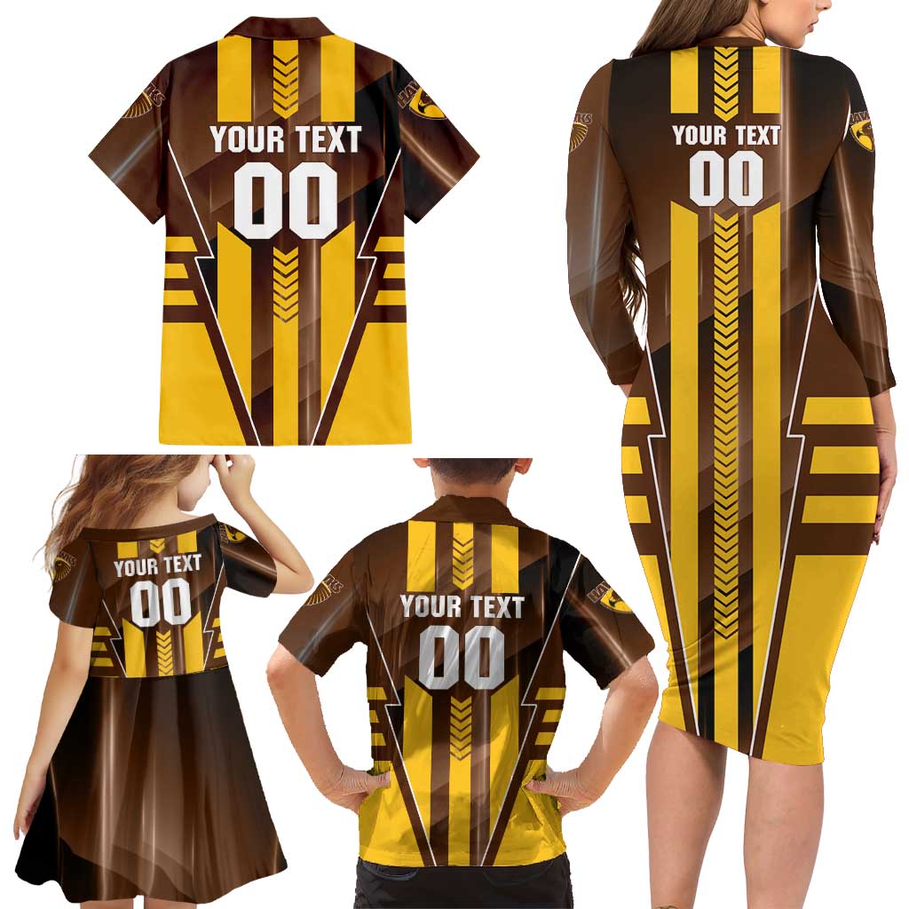 Personalized Hawthorn Hawks Family Matching Long Sleeve Bodycon Dress and Hawaiian Shirt Modern Geometric Sports Graphic Style