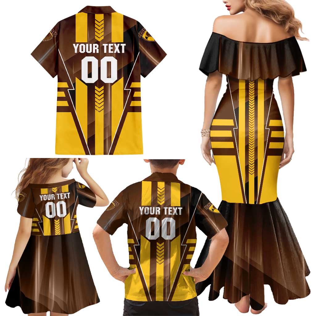 Personalized Hawthorn Hawks Family Matching Mermaid Dress and Hawaiian Shirt Modern Geometric Sports Graphic Style