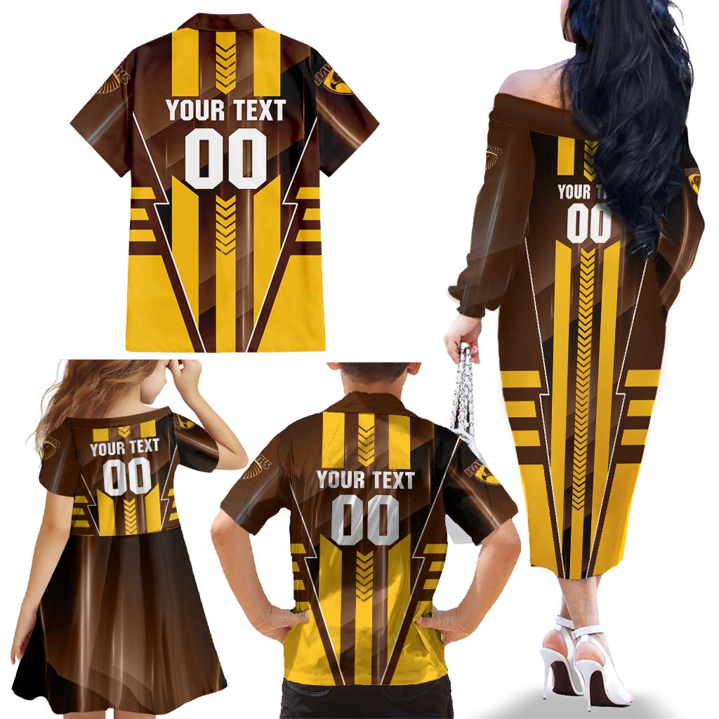 Personalized Hawthorn Hawks Family Matching Off The Shoulder Long Sleeve Dress and Hawaiian Shirt Modern Geometric Sports Graphic Style
