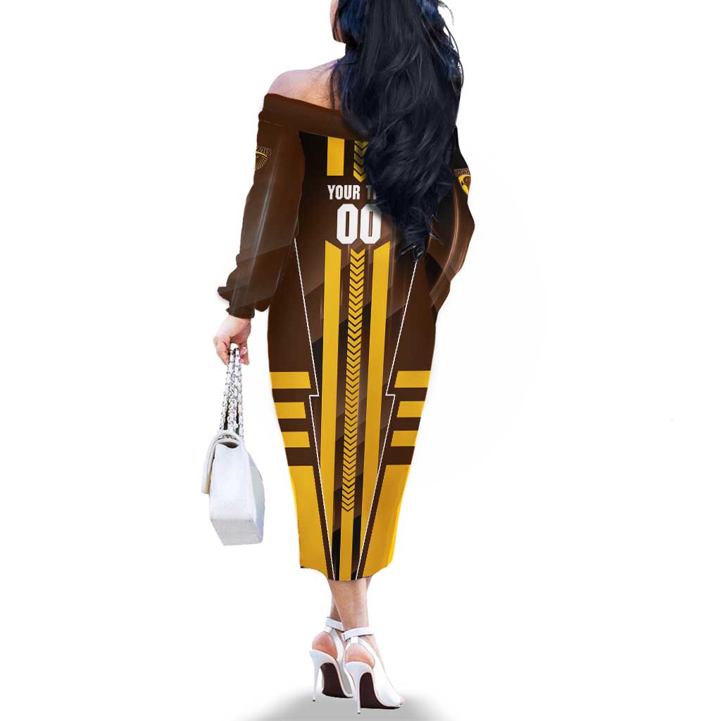 Personalized Hawthorn Hawks Family Matching Off The Shoulder Long Sleeve Dress and Hawaiian Shirt Modern Geometric Sports Graphic Style