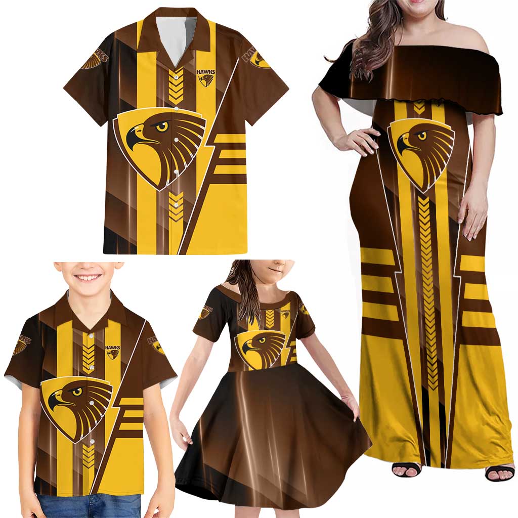 Personalized Hawthorn Hawks Family Matching Off Shoulder Maxi Dress and Hawaiian Shirt Modern Geometric Sports Graphic Style