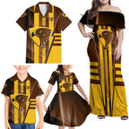 Personalized Hawthorn Hawks Family Matching Off Shoulder Maxi Dress and Hawaiian Shirt Modern Geometric Sports Graphic Style