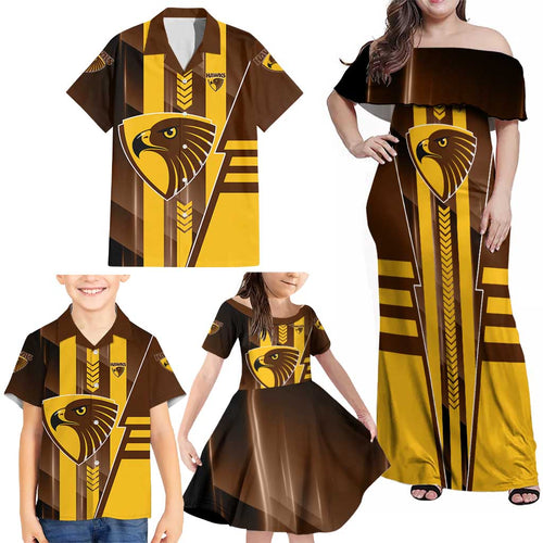 Personalized Hawthorn Hawks Family Matching Off Shoulder Maxi Dress and Hawaiian Shirt Modern Geometric Sports Graphic Style