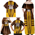 Personalized Hawthorn Hawks Family Matching Off Shoulder Maxi Dress and Hawaiian Shirt Modern Geometric Sports Graphic Style