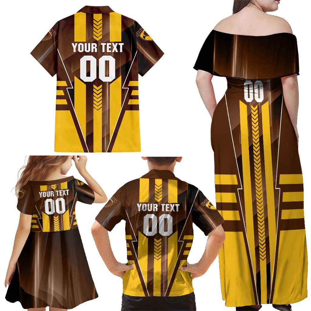 Personalized Hawthorn Hawks Family Matching Off Shoulder Maxi Dress and Hawaiian Shirt Modern Geometric Sports Graphic Style