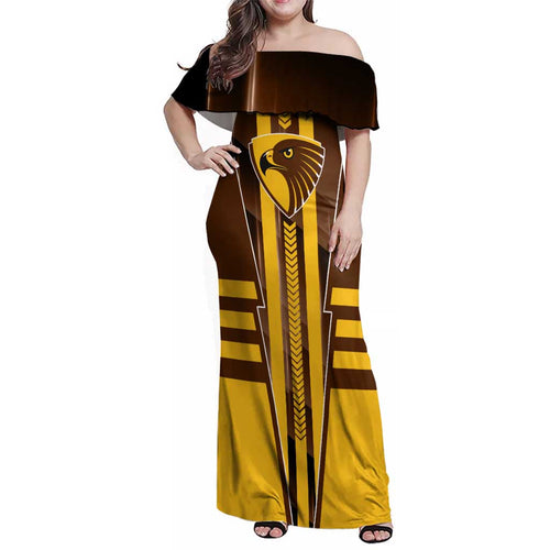 Personalized Hawthorn Hawks Family Matching Off Shoulder Maxi Dress and Hawaiian Shirt Modern Geometric Sports Graphic Style