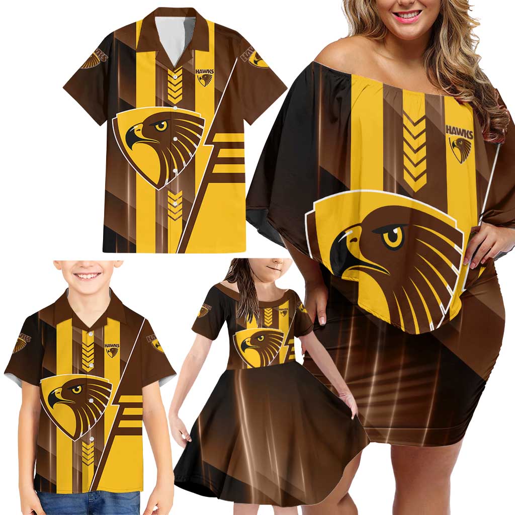 Personalized Hawthorn Hawks Family Matching Off Shoulder Short Dress and Hawaiian Shirt Modern Geometric Sports Graphic Style