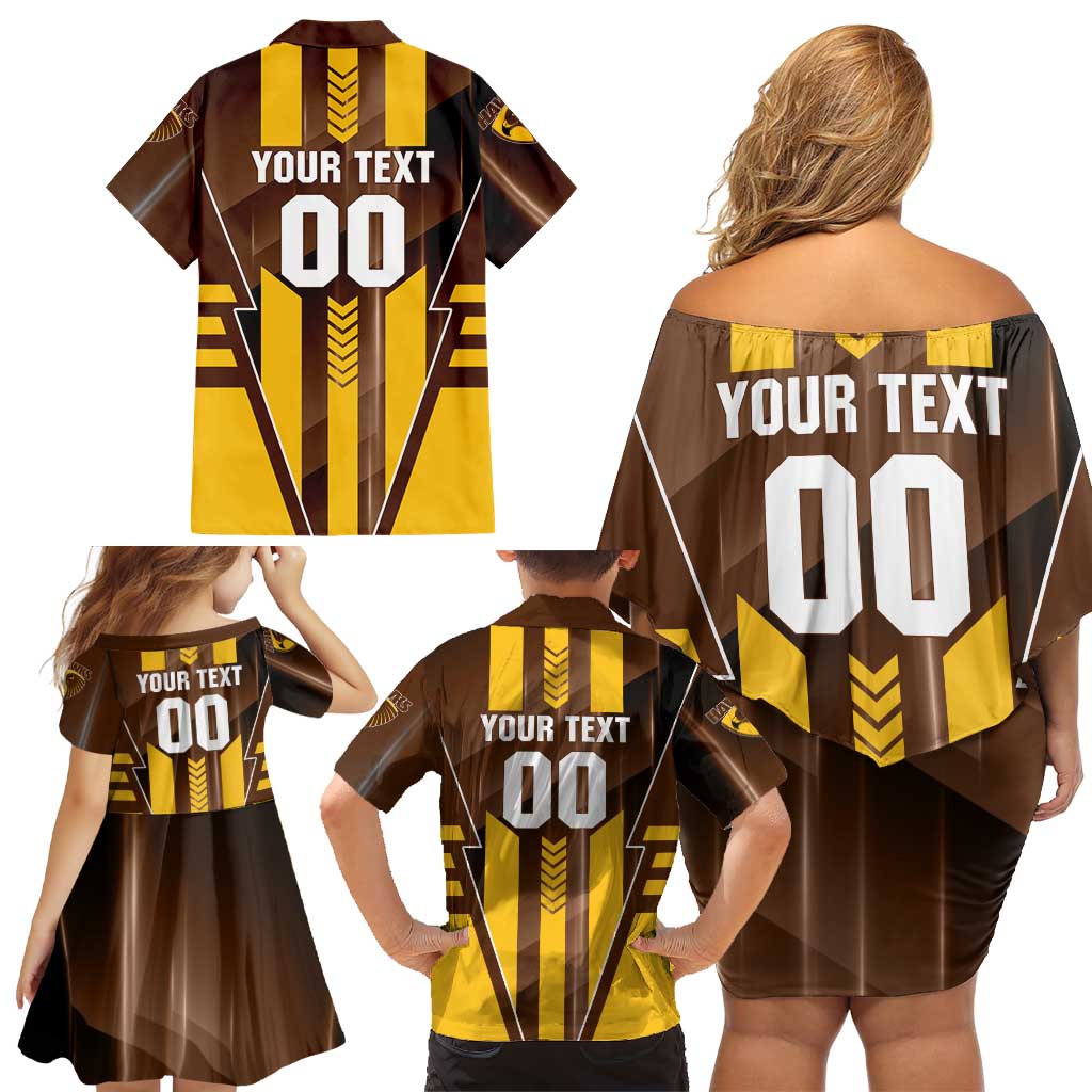 Personalized Hawthorn Hawks Family Matching Off Shoulder Short Dress and Hawaiian Shirt Modern Geometric Sports Graphic Style