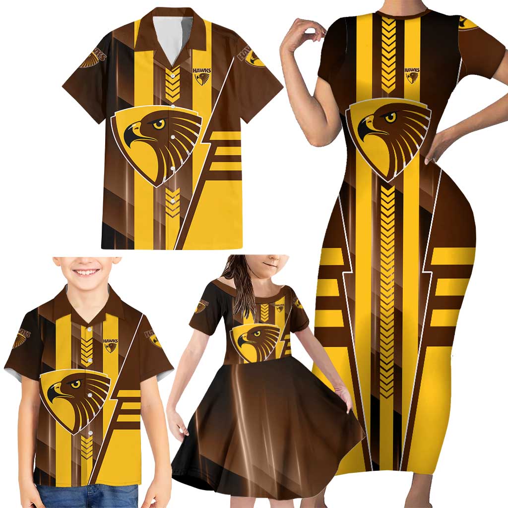 Personalized Hawthorn Hawks Family Matching Short Sleeve Bodycon Dress and Hawaiian Shirt Modern Geometric Sports Graphic Style