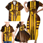 Personalized Hawthorn Hawks Family Matching Short Sleeve Bodycon Dress and Hawaiian Shirt Modern Geometric Sports Graphic Style