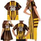 Personalized Hawthorn Hawks Family Matching Short Sleeve Bodycon Dress and Hawaiian Shirt Modern Geometric Sports Graphic Style