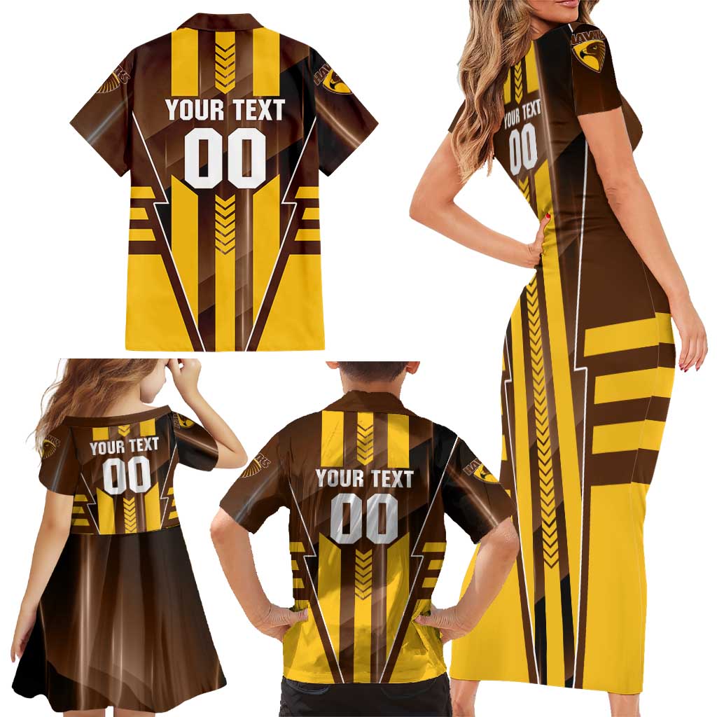 Personalized Hawthorn Hawks Family Matching Short Sleeve Bodycon Dress and Hawaiian Shirt Modern Geometric Sports Graphic Style