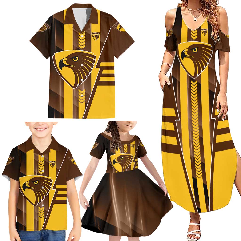 Personalized Hawthorn Hawks Family Matching Summer Maxi Dress and Hawaiian Shirt Modern Geometric Sports Graphic Style