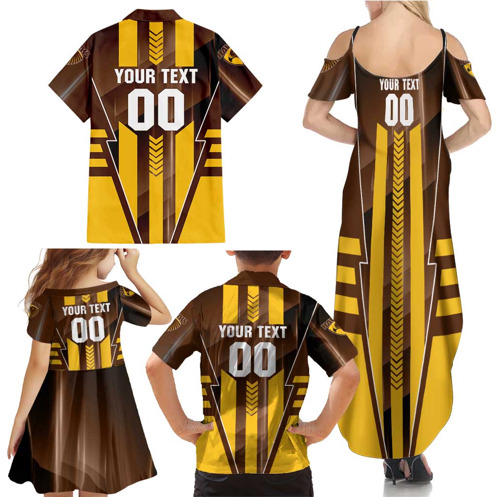 Personalized Hawthorn Hawks Family Matching Summer Maxi Dress and Hawaiian Shirt Modern Geometric Sports Graphic Style