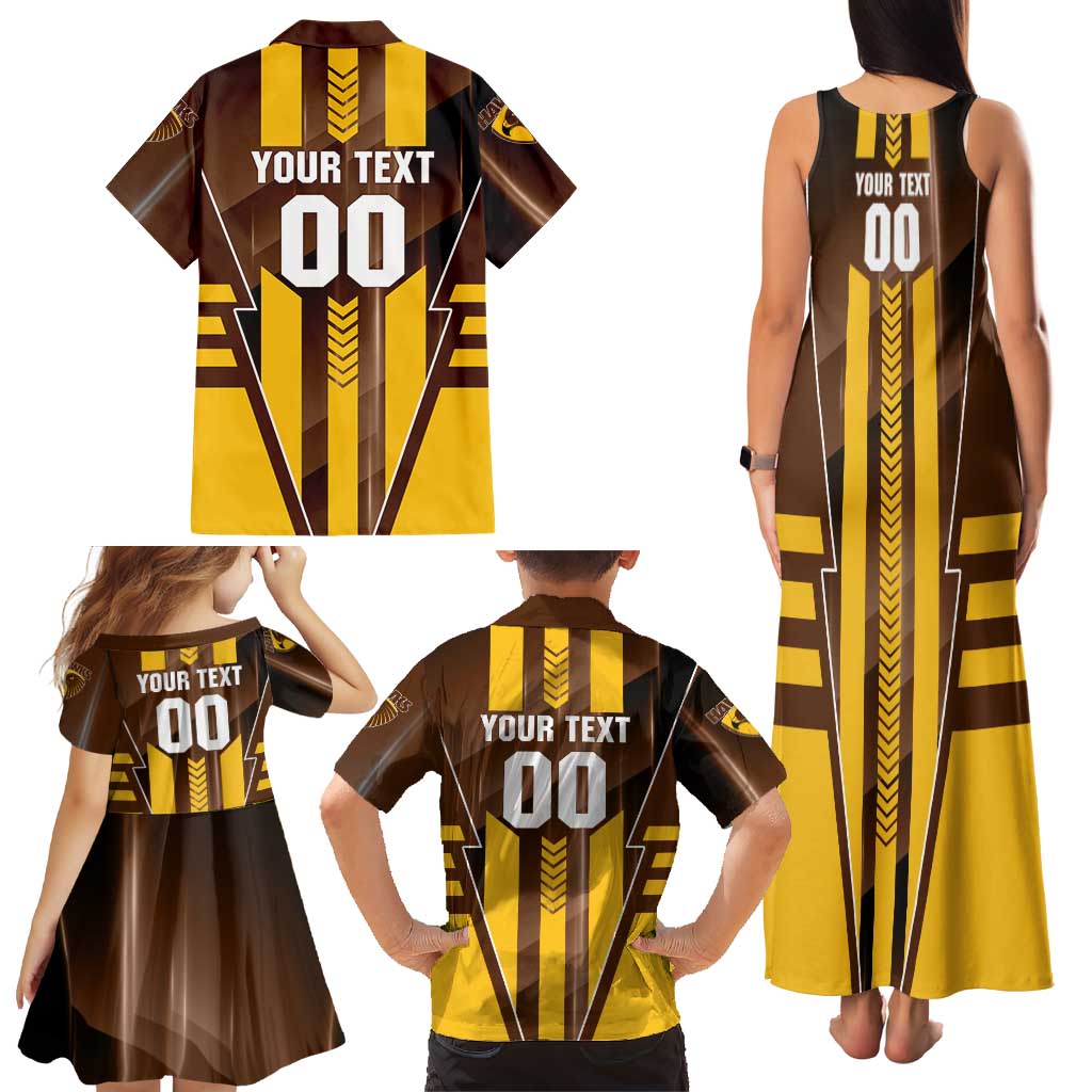 Personalized Hawthorn Hawks Family Matching Tank Maxi Dress and Hawaiian Shirt Modern Geometric Sports Graphic Style