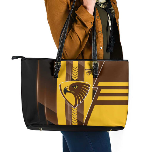 Hawthorn Hawks Leather Tote Bag Modern Geometric Sports Graphic Style