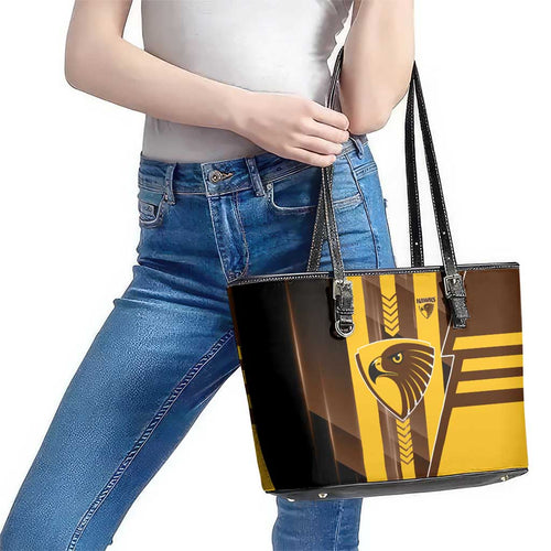 Hawthorn Hawks Leather Tote Bag Modern Geometric Sports Graphic Style