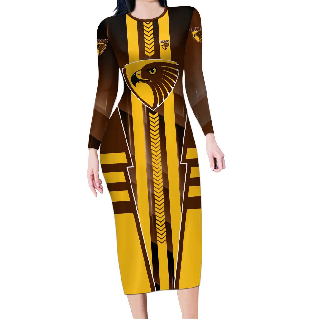 Personalized Hawthorn Hawks Long Sleeve Bodycon Dress Modern Geometric Sports Graphic Style