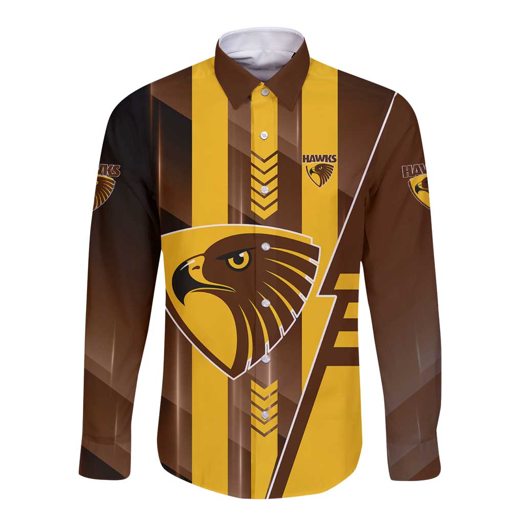 Personalized Hawthorn Hawks Long Sleeve Button Shirt Modern Geometric Sports Graphic Style