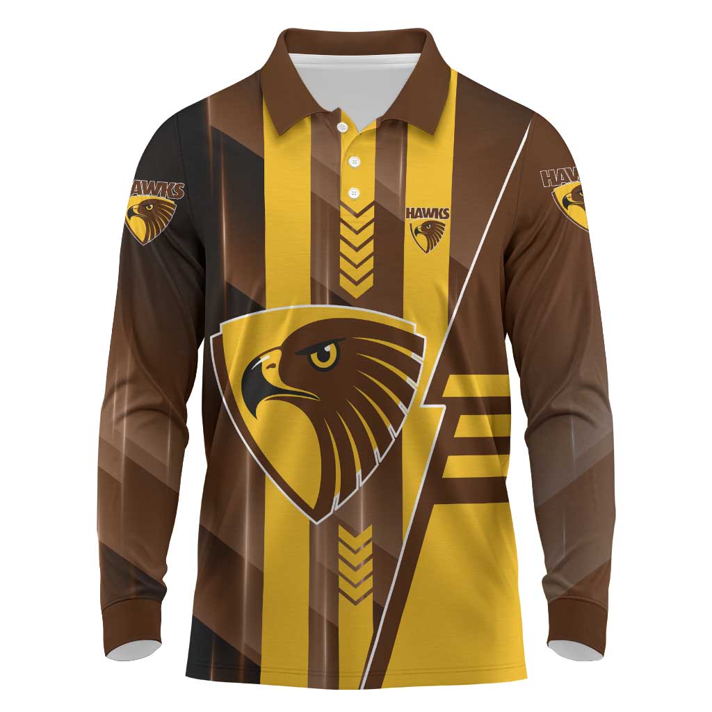 Personalized Hawthorn Hawks Long Sleeve Polo Shirt Modern Geometric Sports Graphic Style