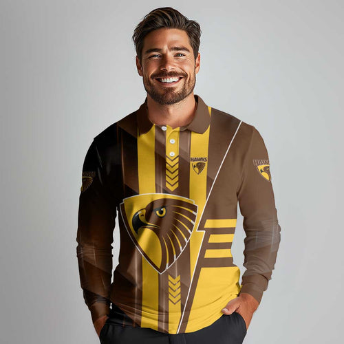 Personalized Hawthorn Hawks Long Sleeve Polo Shirt Modern Geometric Sports Graphic Style