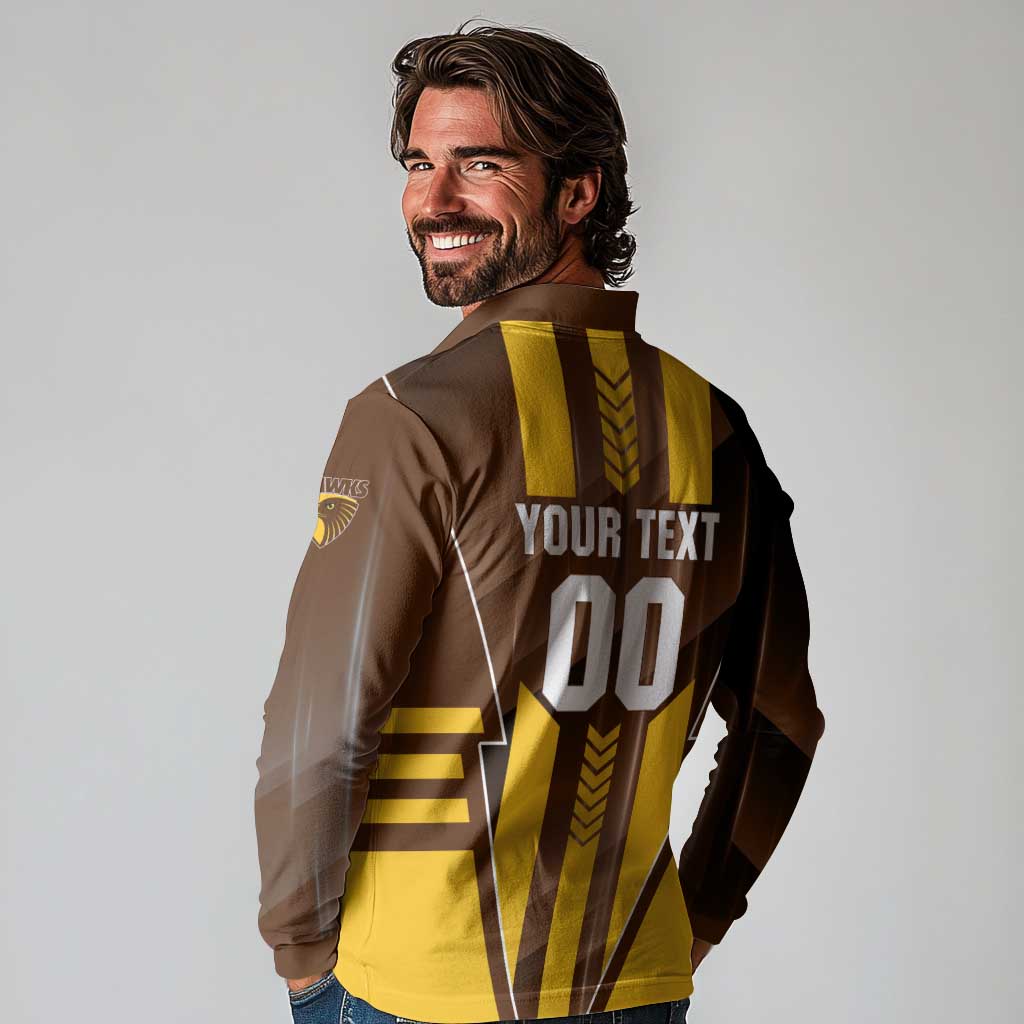 Personalized Hawthorn Hawks Long Sleeve Polo Shirt Modern Geometric Sports Graphic Style