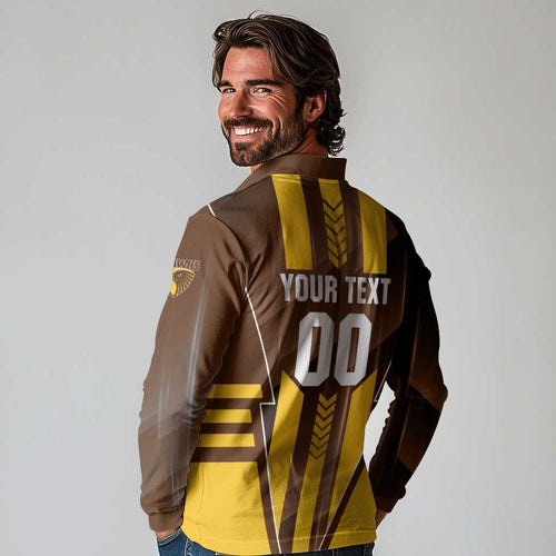 Personalized Hawthorn Hawks Long Sleeve Polo Shirt Modern Geometric Sports Graphic Style