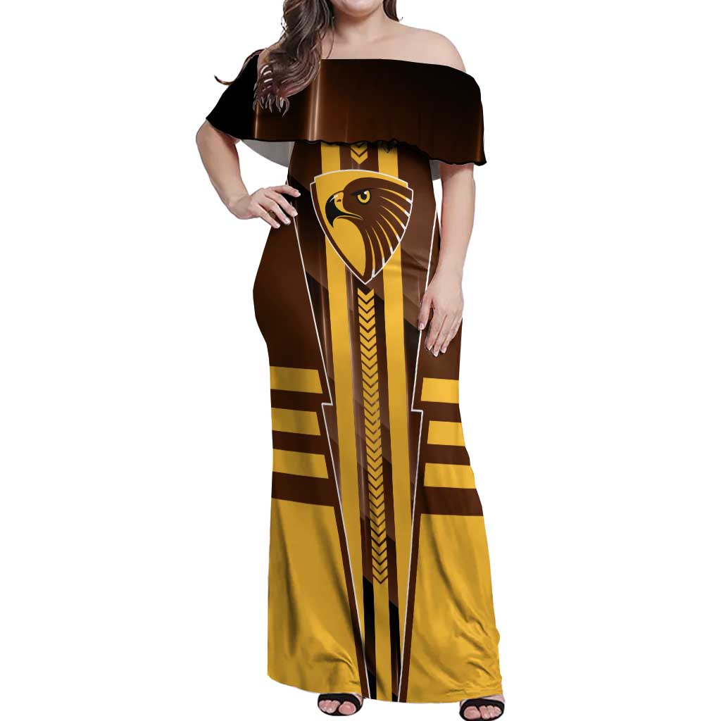 Personalized Hawthorn Hawks Off Shoulder Maxi Dress Modern Geometric Sports Graphic Style