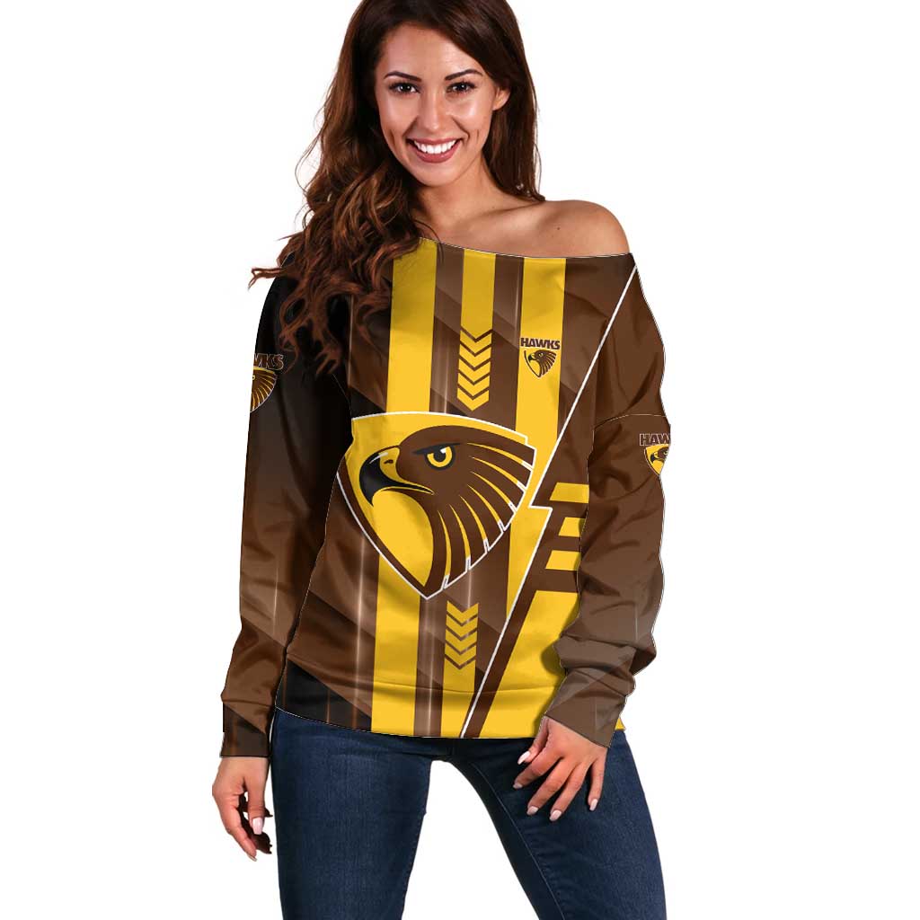 Personalized Hawthorn Hawks Off Shoulder Sweater Modern Geometric Sports Graphic Style