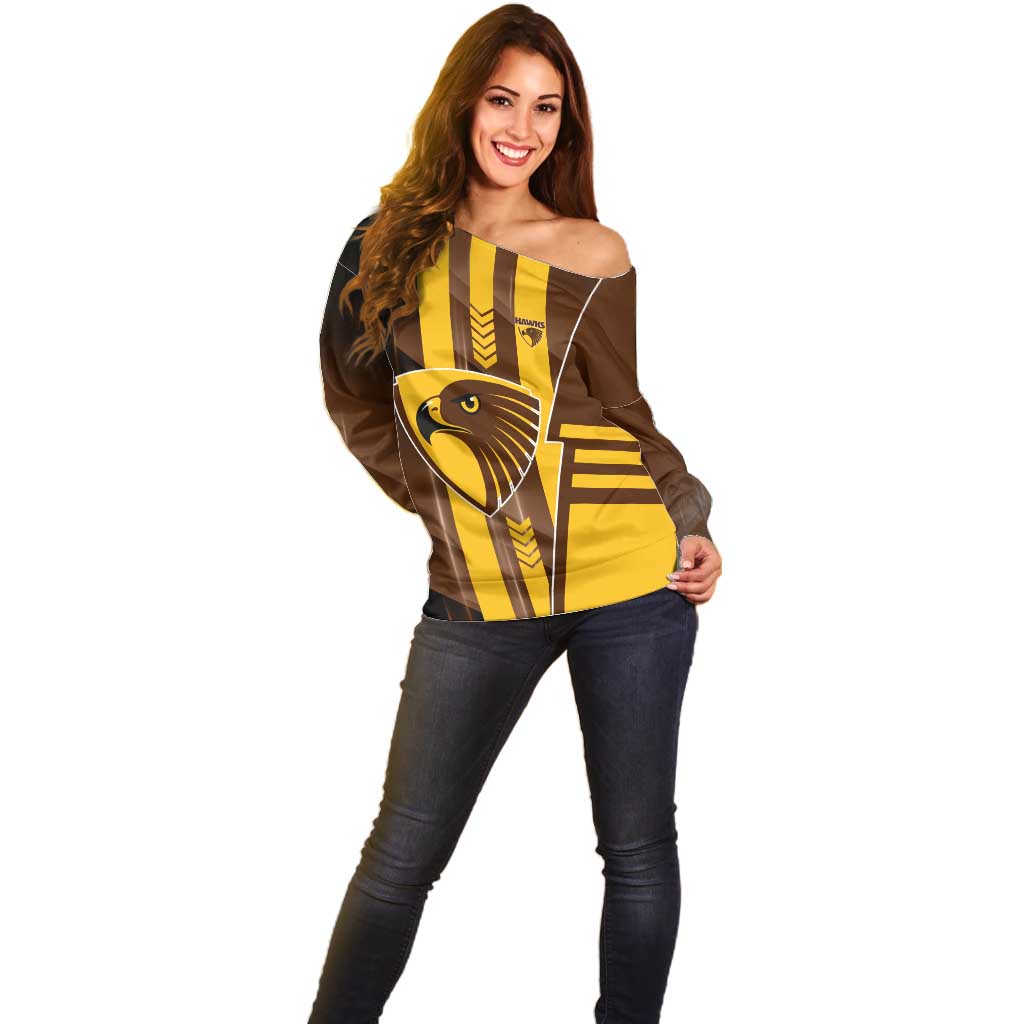Personalized Hawthorn Hawks Off Shoulder Sweater Modern Geometric Sports Graphic Style