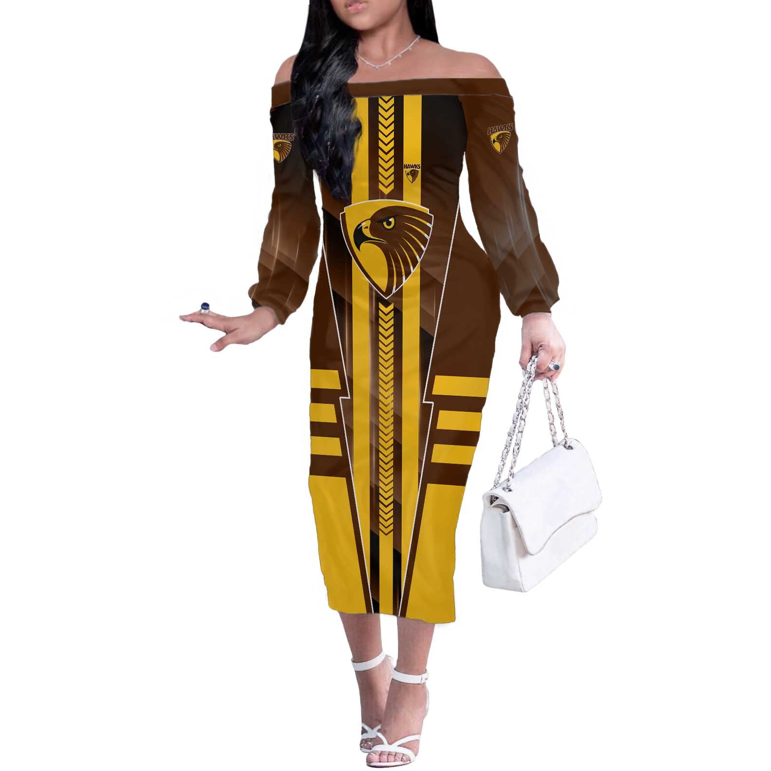 Personalized Hawthorn Hawks Off The Shoulder Long Sleeve Dress Modern Geometric Sports Graphic Style