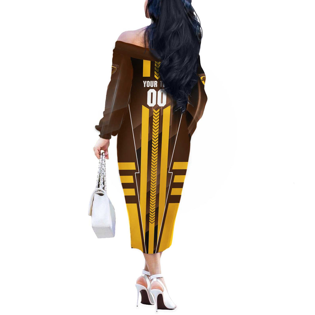 Personalized Hawthorn Hawks Off The Shoulder Long Sleeve Dress Modern Geometric Sports Graphic Style