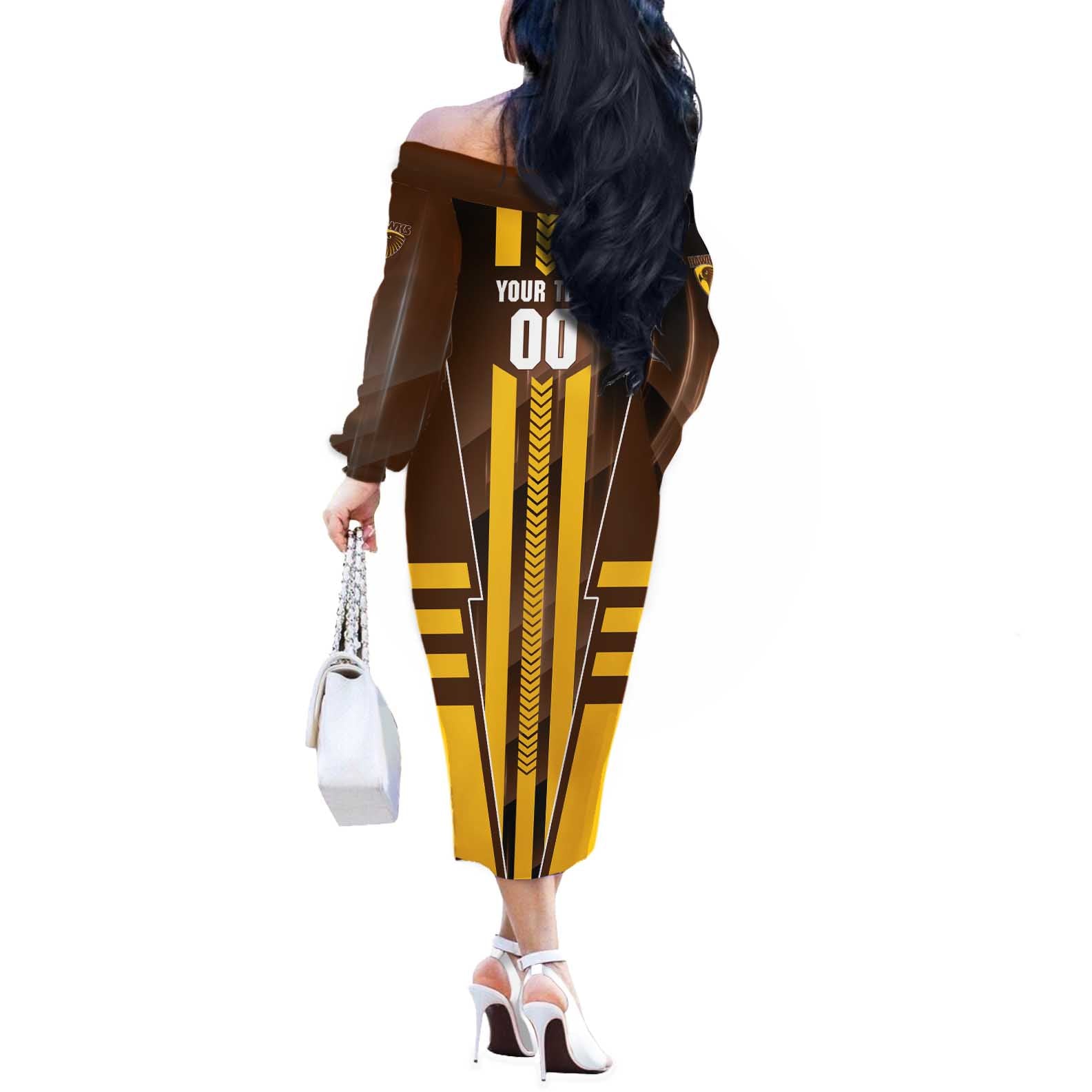 Personalized Hawthorn Hawks Off The Shoulder Long Sleeve Dress Modern Geometric Sports Graphic Style