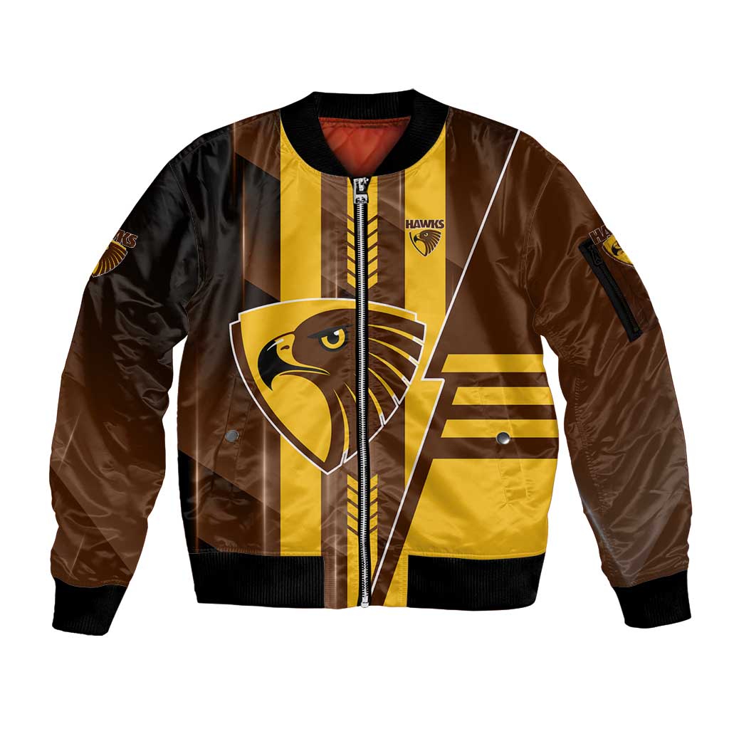 Personalized Hawthorn Hawks Sleeve Zip Bomber Jacket Modern Geometric Sports Graphic Style
