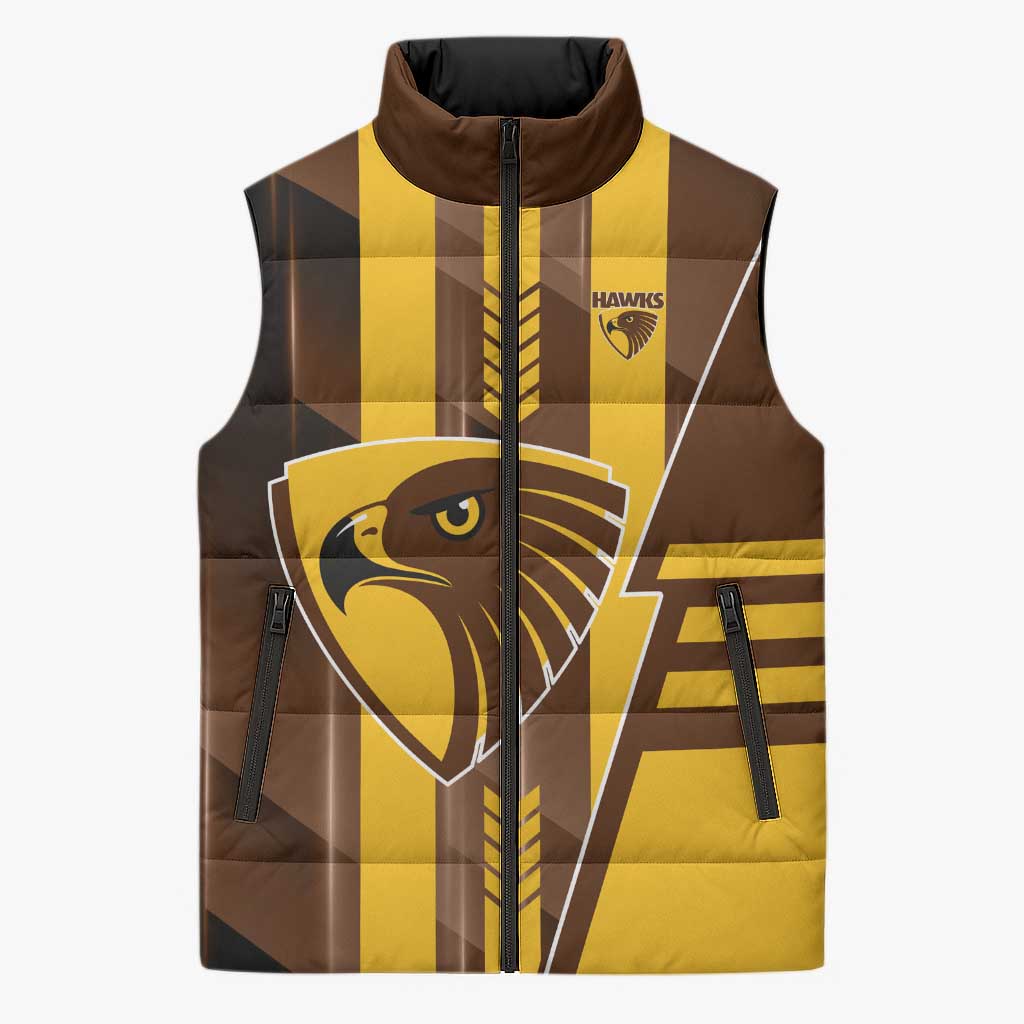 Personalized Hawthorn Hawks Sleeveless Puffer Jacket Modern Geometric Sports Graphic Style