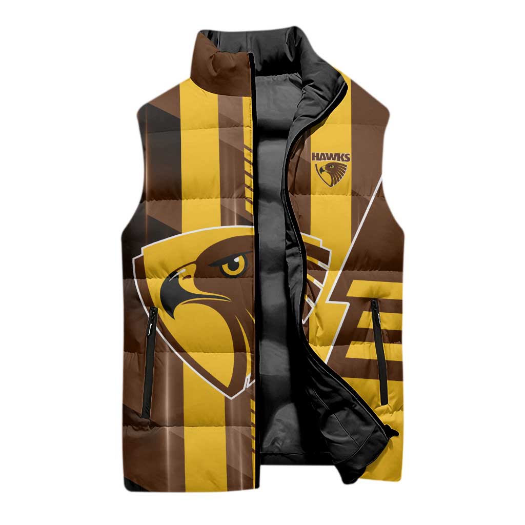 Personalized Hawthorn Hawks Sleeveless Puffer Jacket Modern Geometric Sports Graphic Style