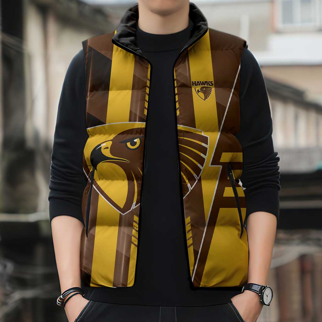 Personalized Hawthorn Hawks Sleeveless Puffer Jacket Modern Geometric Sports Graphic Style