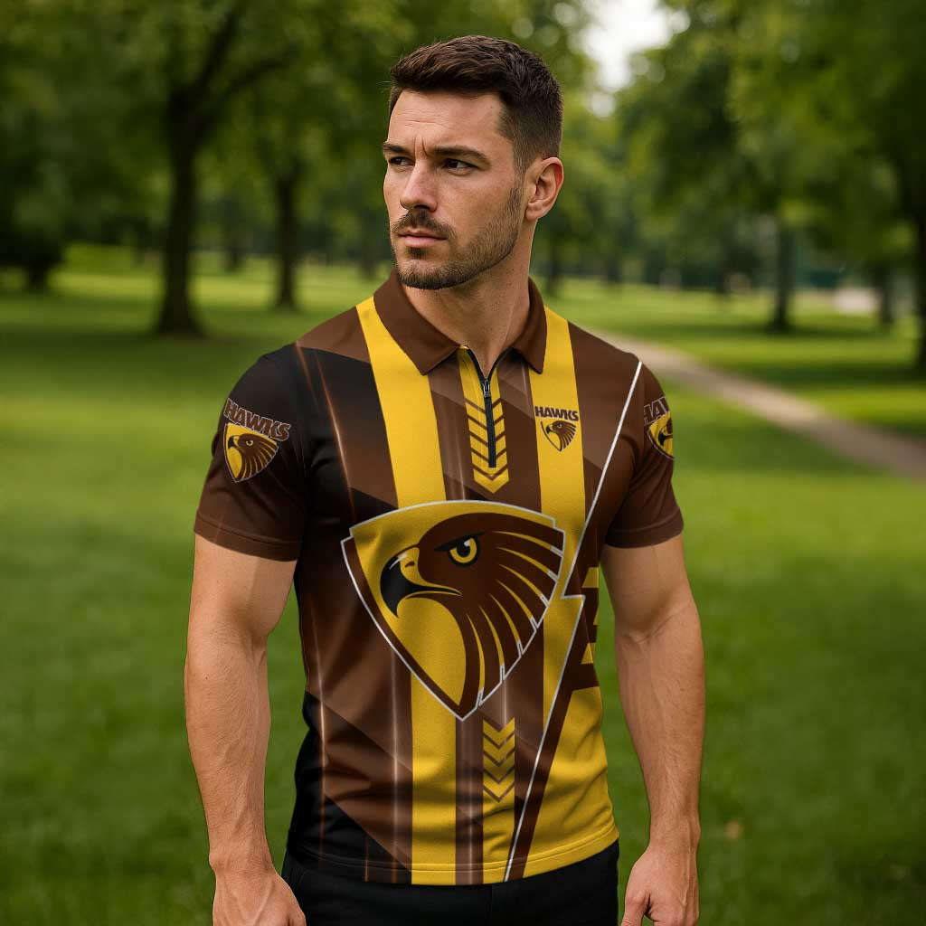 Personalized Hawthorn Hawks Zipper Polo Shirt Modern Geometric Sports Graphic Style