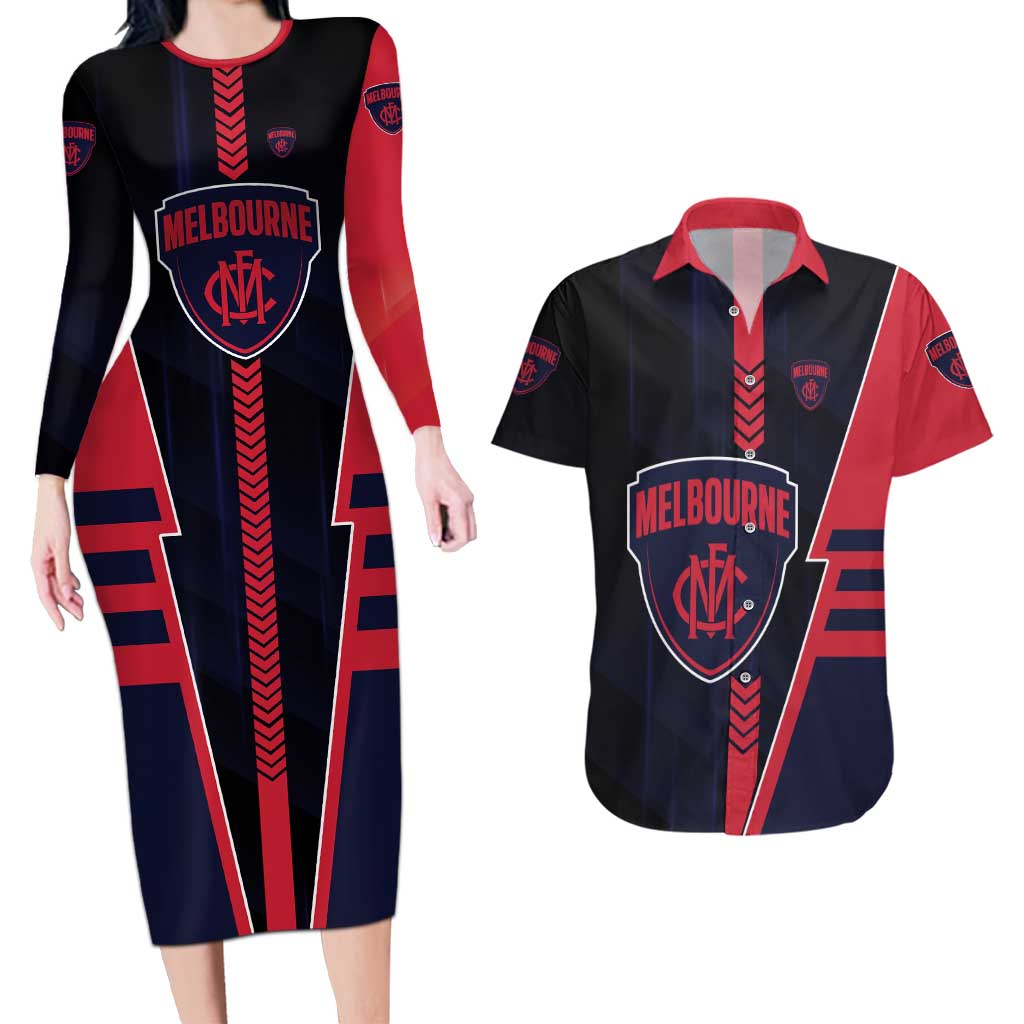 Personalized Melbourne Demons Couples Matching Long Sleeve Bodycon Dress and Hawaiian Shirt Modern Geometric Sports Graphic Style