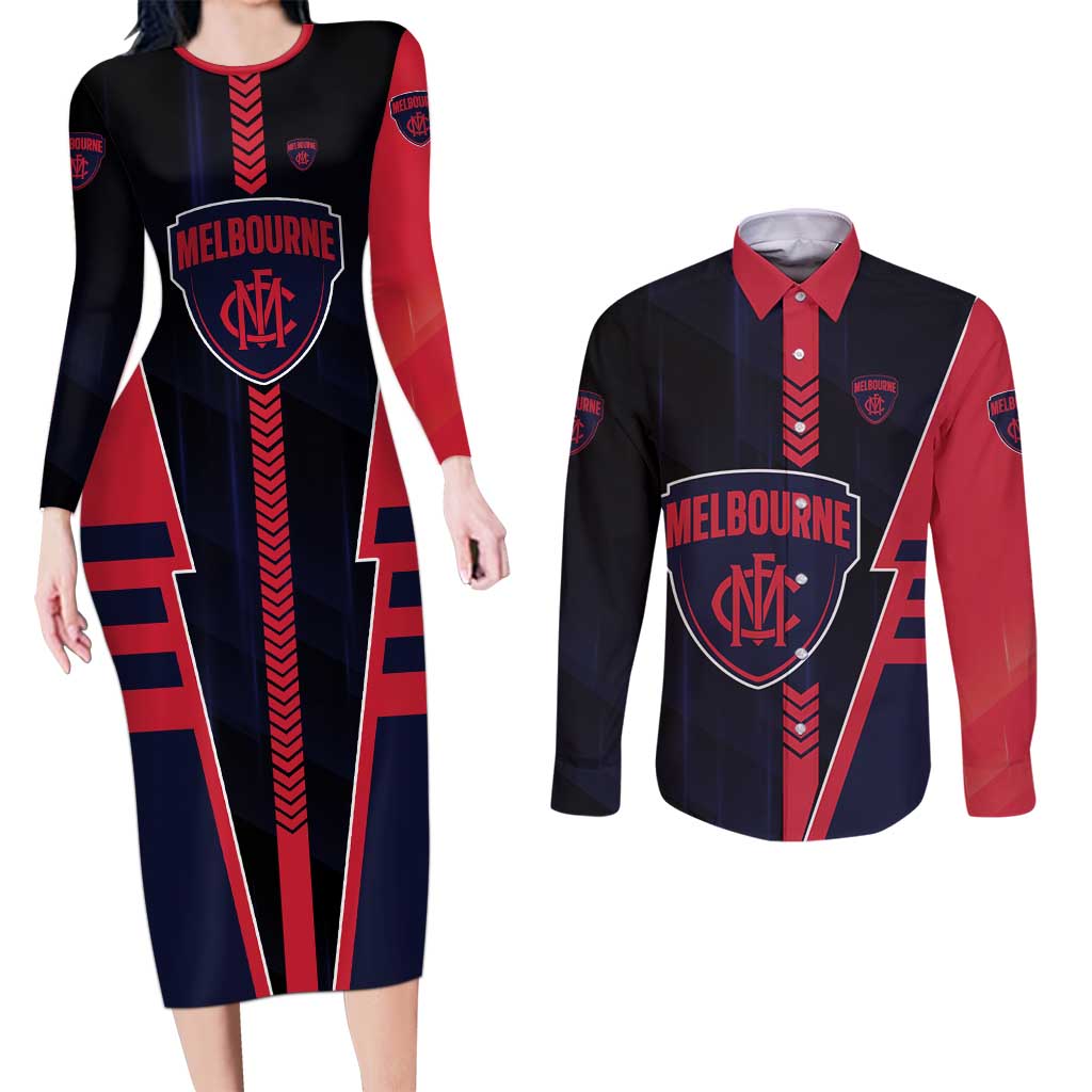 Personalized Melbourne Demons Couples Matching Long Sleeve Bodycon Dress and Long Sleeve Button Shirt Modern Geometric Sports Graphic Style